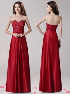 Fantastic Wine Red Empire Elastic Woven Satin Sweetheart Sleeveless Beading and Appliques and Bowknot Floor Length Zipper Prom Evening Gown