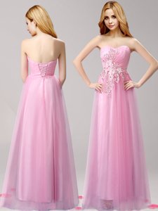 Captivating Floor Length Lace Up Prom Dresses Rose Pink and In for Prom with Beading and Appliques