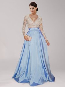 Colorful Beading and Belt Prom Dresses Light Blue Zipper Long Sleeves Floor Length
