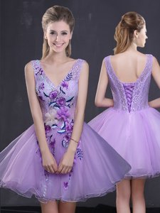 Fashionable Mini Length Lavender Homecoming Dress Organza Sleeveless Lace and Appliques