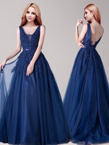 Navy Blue Sleeveless Floor Length Appliques and Belt Backless Prom Dress