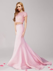 Spectacular Pink Scoop Neckline Beading Prom Dresses Short Sleeves Zipper