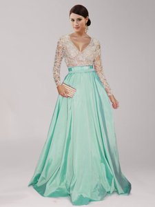 Sexy Apple Green Empire V-neck Long Sleeves Taffeta Floor Length Zipper Beading and Belt Prom Evening Gown