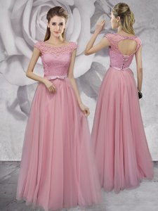 Excellent Strapless Sleeveless With Brush Train Lace and Belt Peach Organza and Lace
