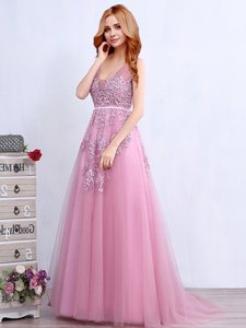 Pink Sleeveless With Train Appliques and Belt Backless Prom Dress