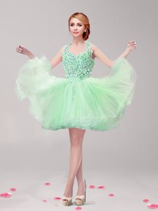 Inexpensive Halter Top Backless Apple Green Sleeveless Ruffles and Hand Made Flower Mini Length Dress for Prom