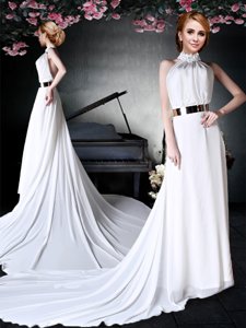 Halter Top Sleeveless Court Train Backless With Train Appliques and Belt Dress for Prom
