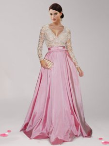 Pink And White V-neck Zipper Beading and Belt Prom Party Dress Long Sleeves