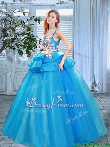 Unique Blue A-line Organza Scoop Sleeveless Appliques and Hand Made Flower Floor Length Lace Up Quinceanera Gowns