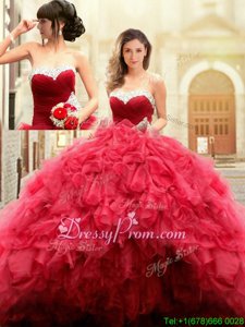 Cute Red Sweetheart Lace Up Beading and Ruffles Sweet 16 Dress Sleeveless