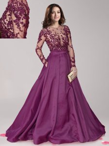 Scoop Beading Prom Evening Gown Dark Purple Zipper Long Sleeves With Brush Train