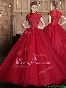 Sophisticated High-neck Short Sleeves Tulle Sweet 16 Quinceanera Dress Appliques Zipper