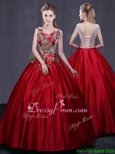 Sleeveless Satin Floor Length Lace Up Quinceanera Gowns inWine Red forSpring and Summer and Fall and Winter withAppliques