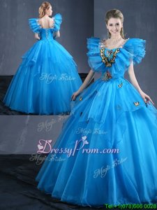Delicate Appliques and Ruffles Quinceanera Dress Baby Blue Lace Up Sleeveless Floor Length