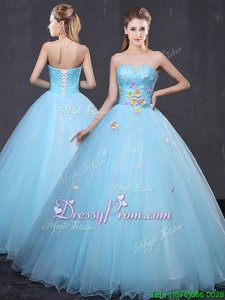 Romantic Sleeveless Floor Length Beading and Appliques Lace Up Ball Gown Prom Dress with Light Blue