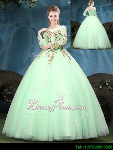 Unique Apple Green Ball Gowns Tulle Scoop Long Sleeves Appliques Floor Length Lace Up Quince Ball Gowns