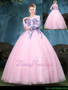 Luxury Baby Pink Scoop Lace Up Appliques Quince Ball Gowns Long Sleeves