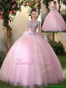 Comfortable Scoop Long Sleeves 15 Quinceanera Dress Floor Length Appliques Baby Pink Tulle