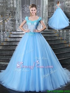 On Sale Light Blue Sleeveless Tulle Brush Train Lace Up Vestidos de Quinceanera forMilitary Ball and Sweet 16 and Quinceanera