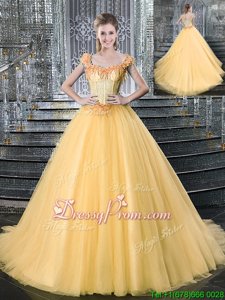 Amazing Gold Sleeveless With Train Beading Lace Up Quinceanera Gown