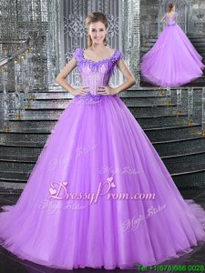 Wonderful Straps Sleeveless 15 Quinceanera Dress With Brush Train Beading and Appliques Lilac Tulle