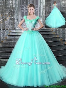 Free and Easy Aqua Blue Sleeveless Brush Train Beading and Appliques With Train 15th Birthday Dress
