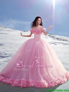 Custom Designed Rose Pink Quinceanera Dress Off The Shoulder Cap Sleeves Court Train Lace Up