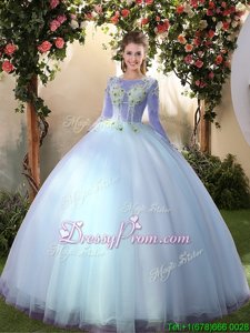 Amazing Light Blue Long Sleeves Tulle Lace Up Sweet 16 Dresses forMilitary Ball and Sweet 16 and Quinceanera