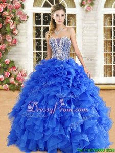Enchanting Royal Blue Ball Gowns Organza Strapless Sleeveless Beading and Ruffles Floor Length Lace Up Quince Ball Gowns