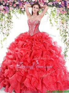Noble Sweep Train Ball Gowns Quinceanera Dresses Red Sweetheart Organza Sleeveless Lace Up