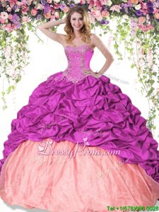 Deluxe Fuchsia and Peach Quinceanera Dresses Military Ball and Sweet 16 and Quinceanera and For withBeading and Pick Ups Sweetheart Sleeveless Lace Up