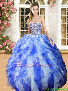 Popular Floor Length Blue And White Quinceanera Dresses Sweetheart Sleeveless Lace Up