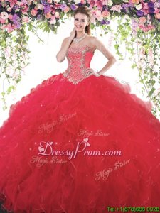 Eye-catching Red Ball Gowns Sweetheart Sleeveless Tulle Floor Length Lace Up Beading 15th Birthday Dress