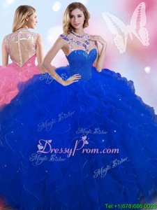 New Arrival Royal Blue Quinceanera Dresses Military Ball and Sweet 16 and Quinceanera and For withBeading High-neck Sleeveless Zipper