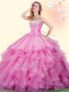 Discount Organza Sweetheart Sleeveless Lace Up Beading and Ruffles Quinceanera Gown inRose Pink
