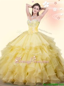 Deluxe Yellow Sleeveless Beading and Ruffles Floor Length Quinceanera Gown