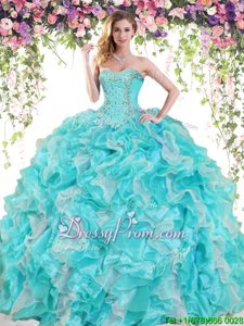 Lovely Floor Length Ball Gowns Sleeveless White and Aqua Blue Vestidos de Quinceanera Lace Up
