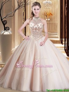 Spectacular Pink Quince Ball Gowns Military Ball and Sweet 16 and Quinceanera and For withBeading Halter Top Sleeveless Brush Train Lace Up