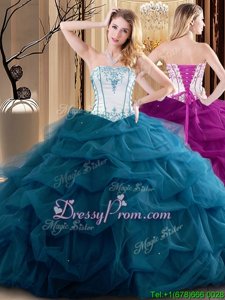 Gorgeous White and Teal Ball Gowns Strapless Sleeveless Tulle Floor Length Lace Up Embroidery and Ruffled Layers Sweet 16 Dresses