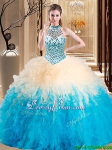 Glamorous Multi-color Lace Up Halter Top Beading and Ruffles Ball Gown Prom Dress Tulle Sleeveless