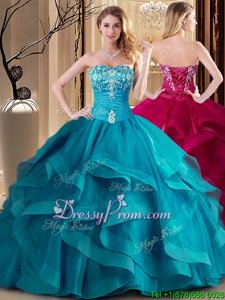 Clearance Teal Ball Gowns Tulle Sweetheart Sleeveless Embroidery and Ruffles Floor Length Lace Up Quinceanera Gowns