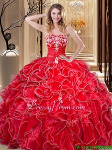 Coral Red Organza Lace Up 15th Birthday Dress Sleeveless Floor Length Embroidery and Ruffles