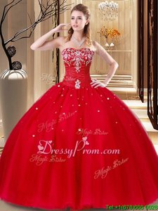 Most Popular Red Quinceanera Dresses Military Ball and Sweet 16 and Quinceanera and For withBeading and Embroidery Sweetheart Sleeveless Lace Up