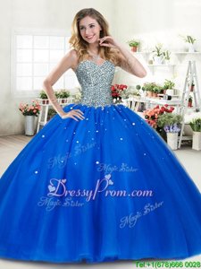 Delicate Floor Length Royal Blue Quinceanera Gown Tulle Sleeveless Spring and Summer and Fall and Winter Beading