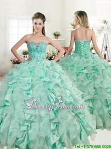 Stunning Organza and Taffeta Sweetheart Sleeveless Lace Up Beading and Ruffles 15th Birthday Dress inApple Green