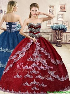 Custom Design Wine Red Sleeveless Beading and Appliques Floor Length Quinceanera Dress