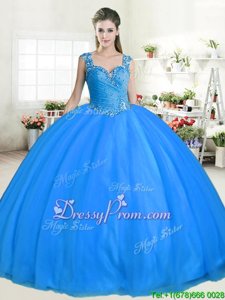 Cute Straps Sleeveless Sweet 16 Dresses Floor Length Beading Blue Tulle