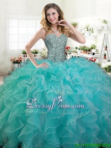 Eye-catching Turquoise Ball Gowns Beading and Ruffles Ball Gown Prom Dress Lace Up Organza Sleeveless Floor Length