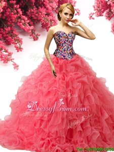 On Sale Coral Red Sleeveless With Train Beading and Ruffles Lace Up Vestidos de Quinceanera