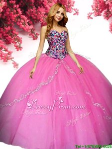Clearance Hot Pink Ball Gowns Sweetheart Sleeveless Tulle Floor Length Lace Up Beading Quinceanera Dresses